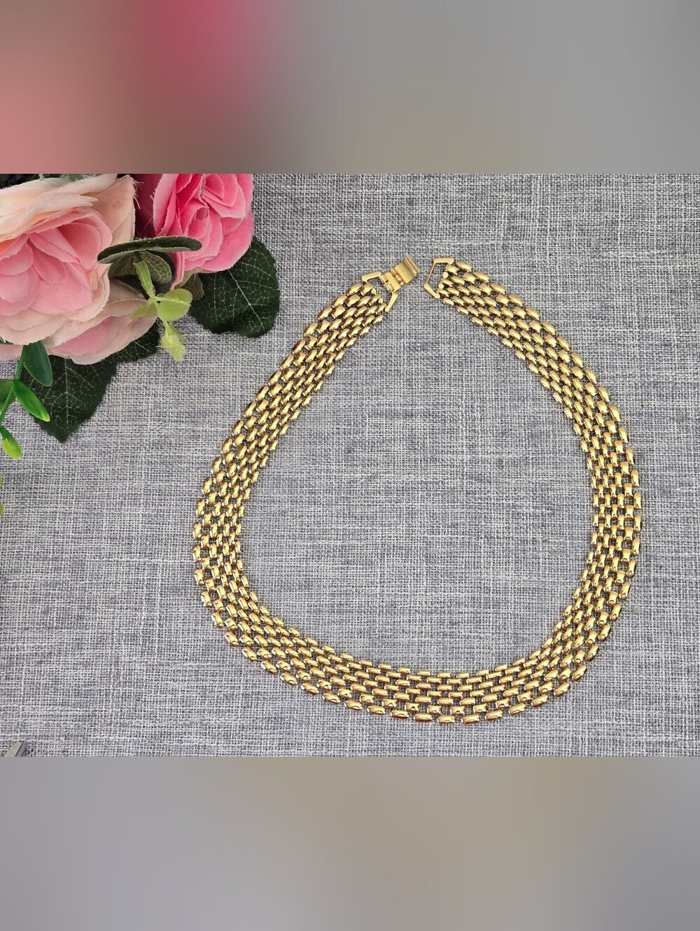 Vintage 1980s Gold Tone 5-Row Panther Link Necklace Unsigned Statement Choker
